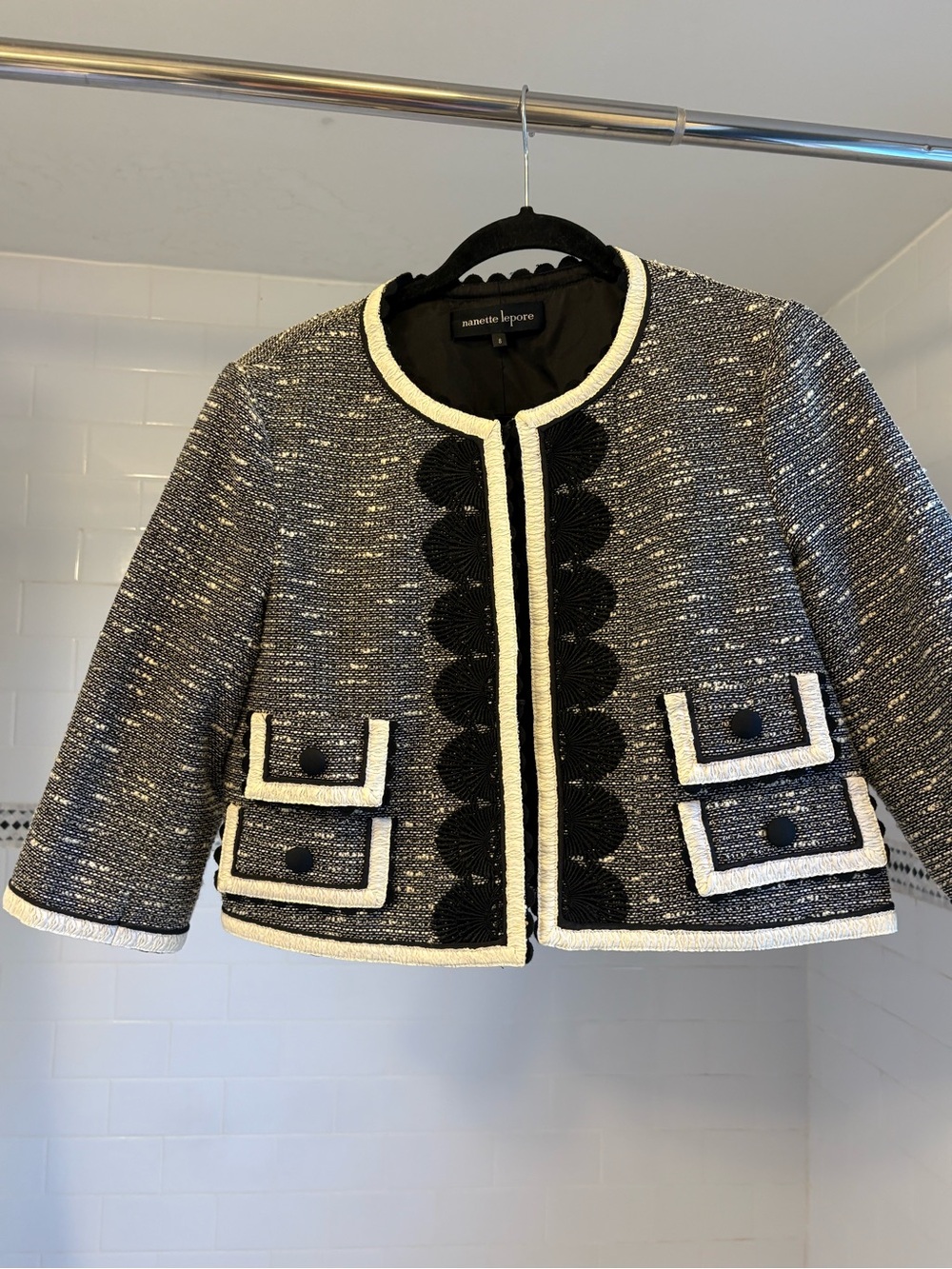 Nanette Lepore Black, White & Gray Tweed Cropped Jacket with Scallop Trim